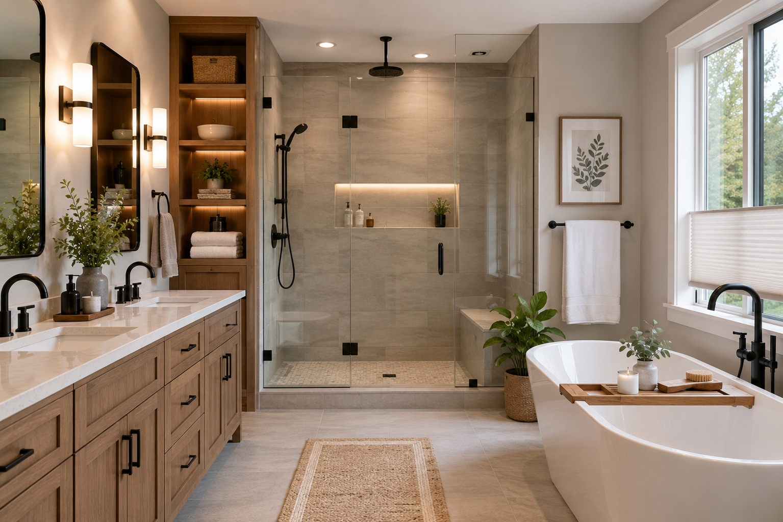 Modern spa bathroom retreat with natural light Modern spa bathroom retreat with natural light