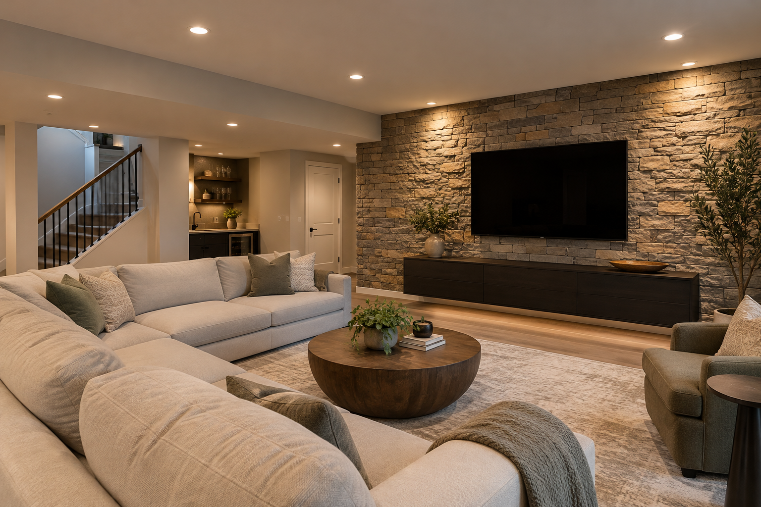 Cozy Modern Stone-Wall Living Room